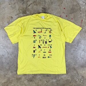 Vtg Hieroglyphic Alphabet Yellow Saggy Graphic T-Shirt‎ Men's M Egyptian Cotton